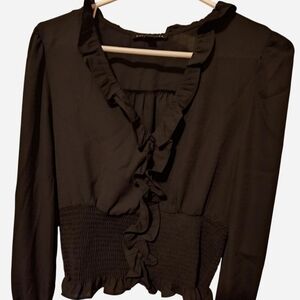 Source Unknown Black Ruffle-Front Smocked Waist Blouse